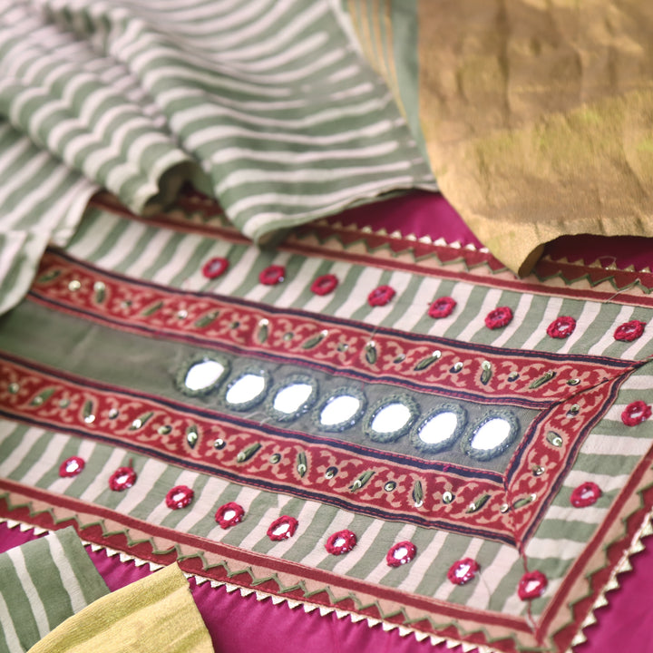 Sulari Current Pink Mirror Work Jam Cotton Satin Top with Gajji Silk Dupatta