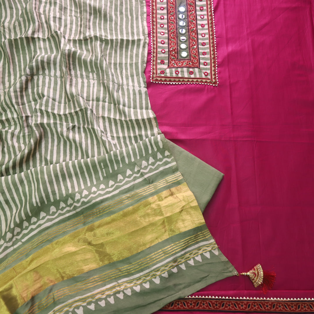 Sulari Current Pink Mirror Work Jam Cotton Satin Top with Gajji Silk Dupatta