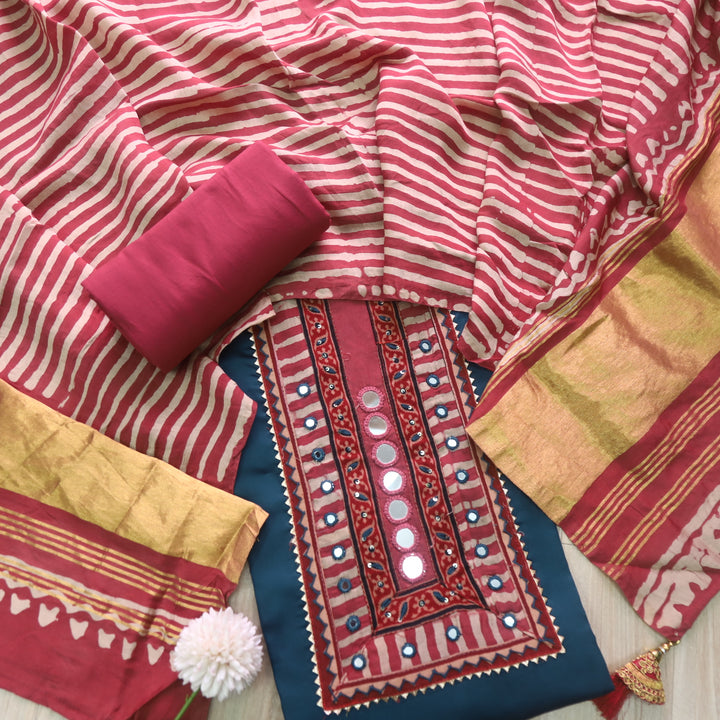 Sulari Venice Blue Mirror Work Jam Cotton Satin Top with Gajji Silk Dupatta