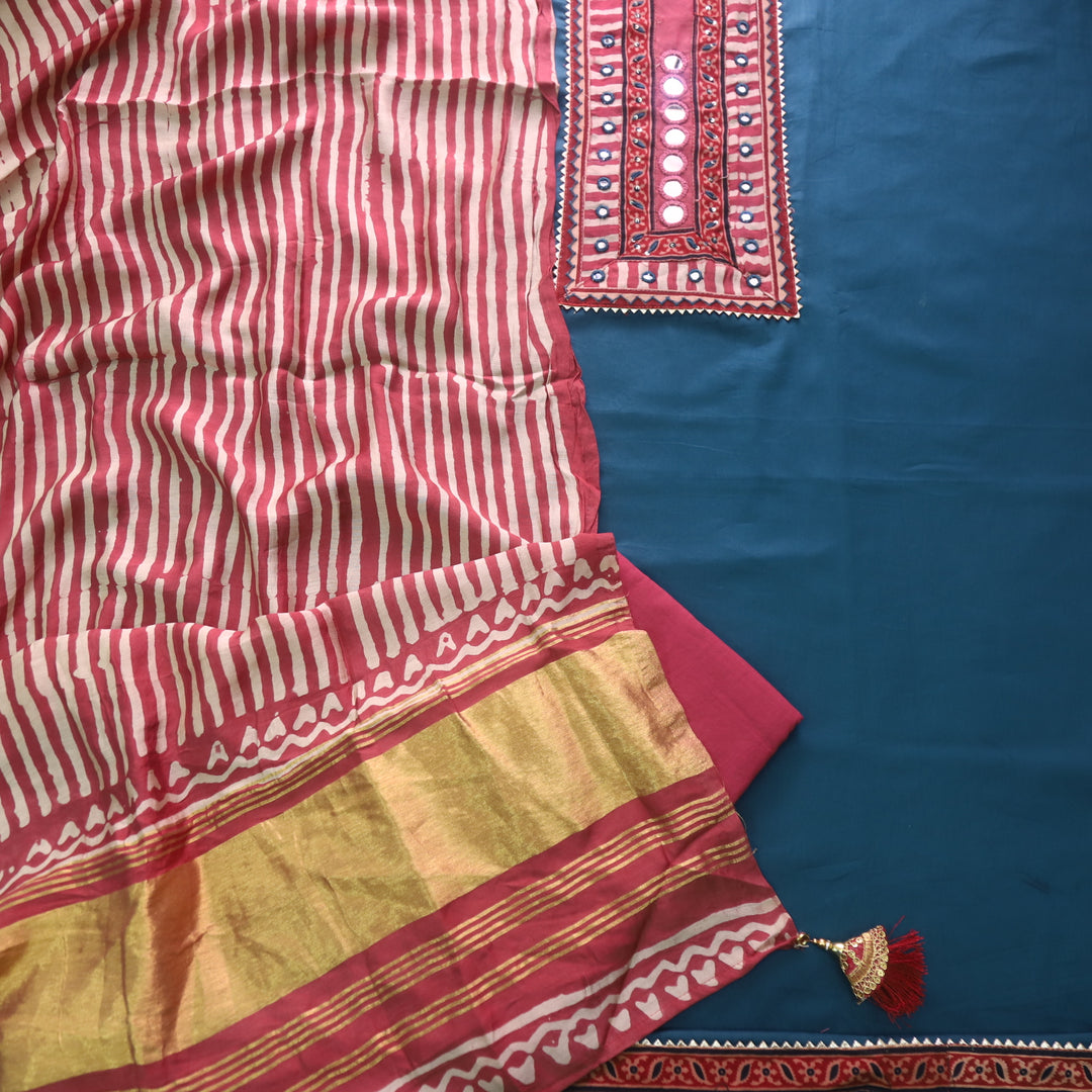 Sulari Venice Blue Mirror Work Jam Cotton Satin Top with Gajji Silk Dupatta