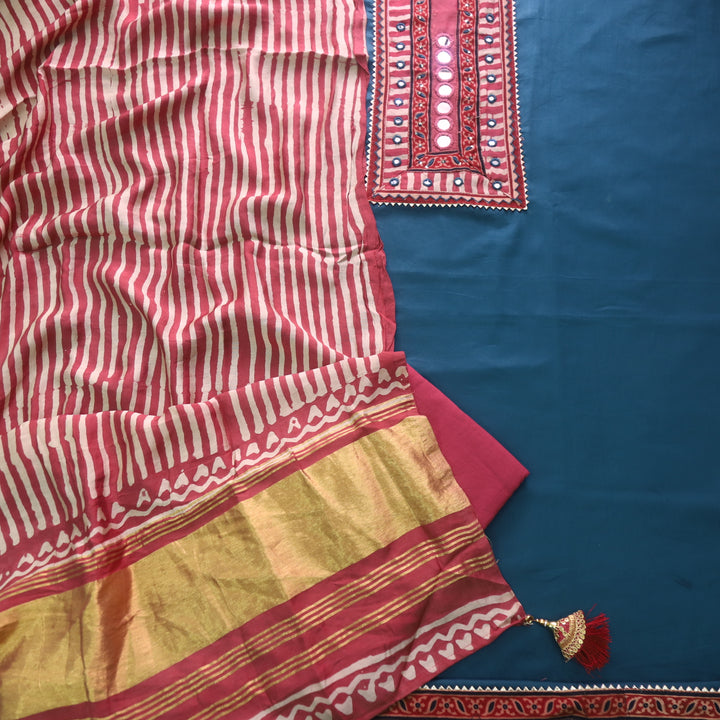 Sulari Venice Blue Mirror Work Jam Cotton Satin Top with Gajji Silk Dupatta