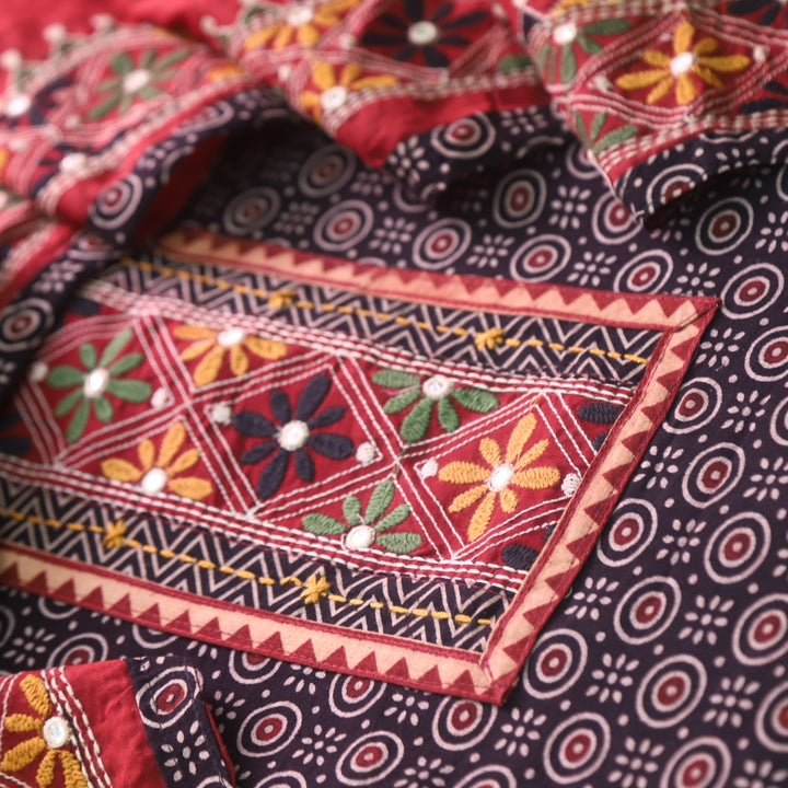 Pardesiya Moon Black Kutch Patch Neck Work Cotton Suit Set