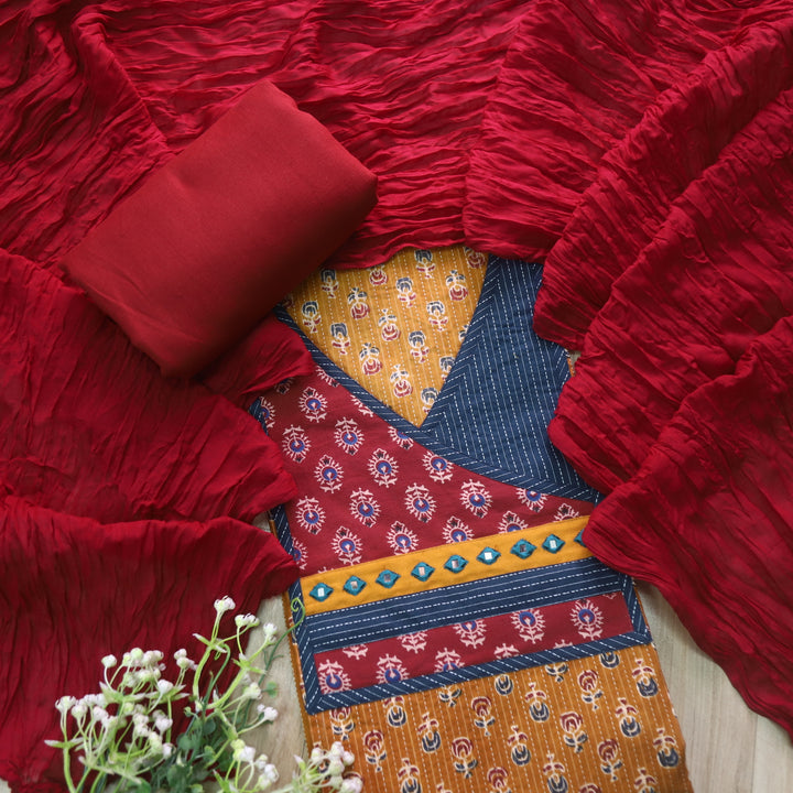 Sulari Honey Yellow Ajrak Patch with Running Stitch Angrakha Cotton Suit Set