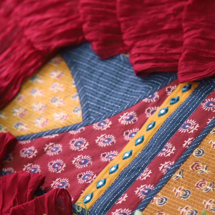 Sulari Honey Yellow Ajrak Patch with Running Stitch Angrakha Cotton Suit Set