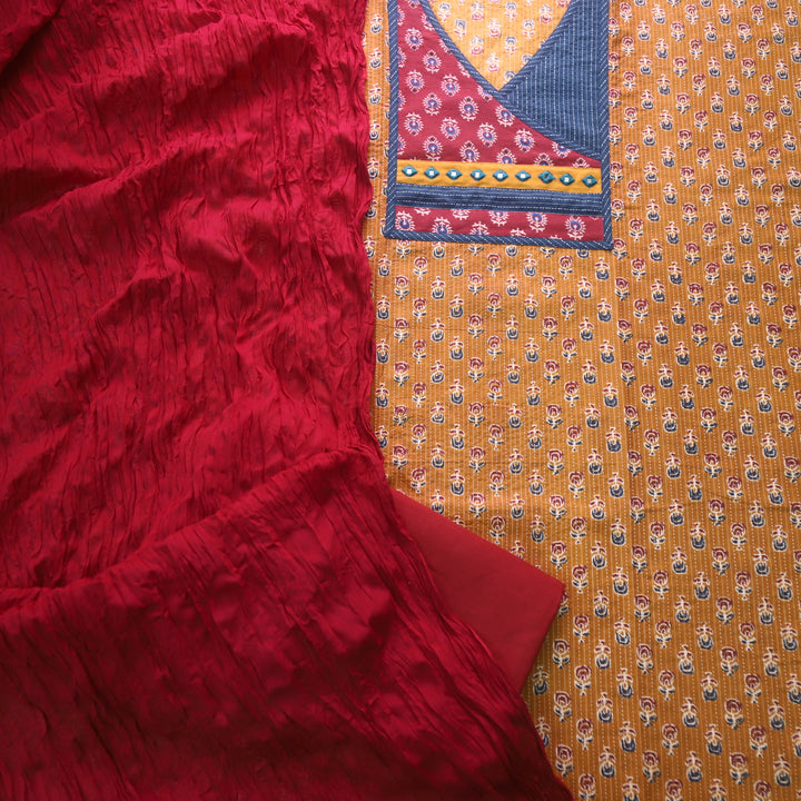 Sulari Honey Yellow Ajrak Patch with Running Stitch Angrakha Cotton Suit Set