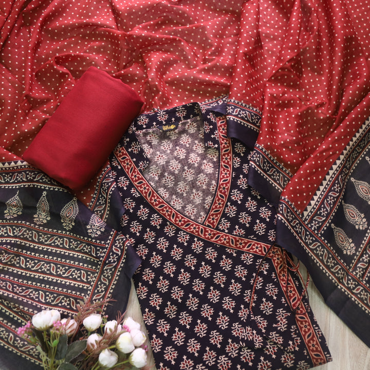 Sulari Sable Black long Angrakha Style Neck Ajrak Printed Cotton Suit Set