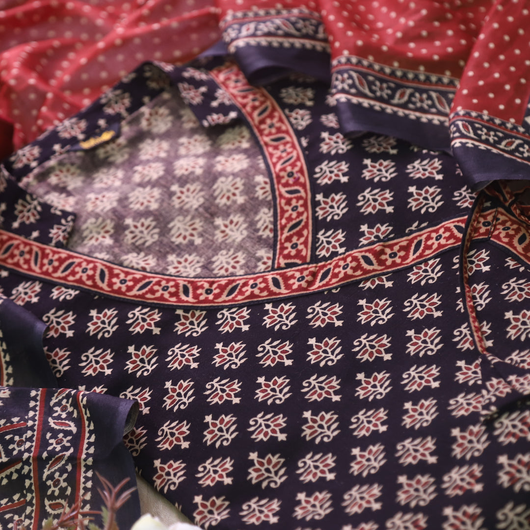 Sulari Sable Black long Angrakha Style Neck Ajrak Printed Cotton Suit Set