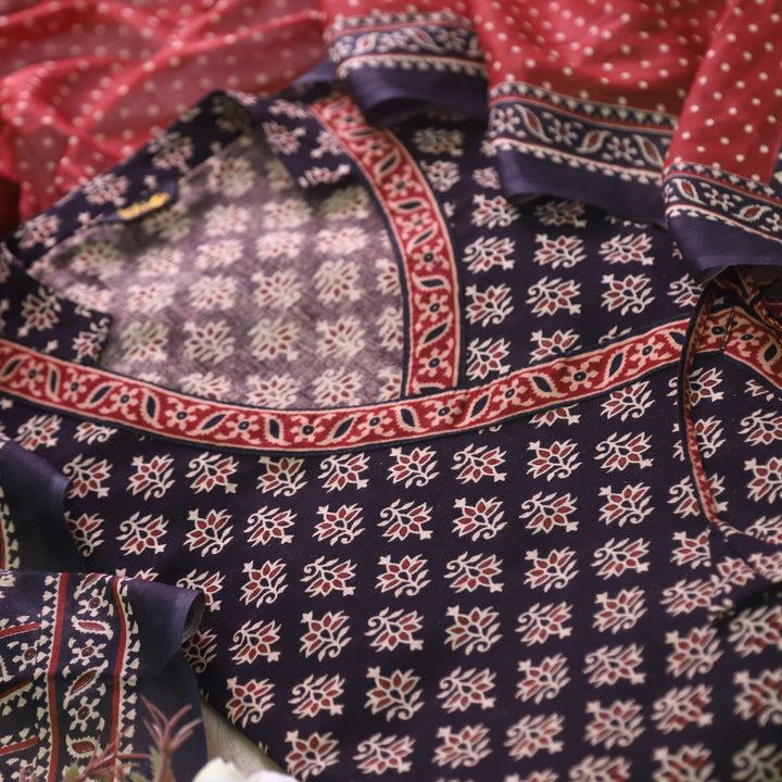 Sulari Sable Black long Angrakha Style Neck Ajrak Printed Cotton Suit Set