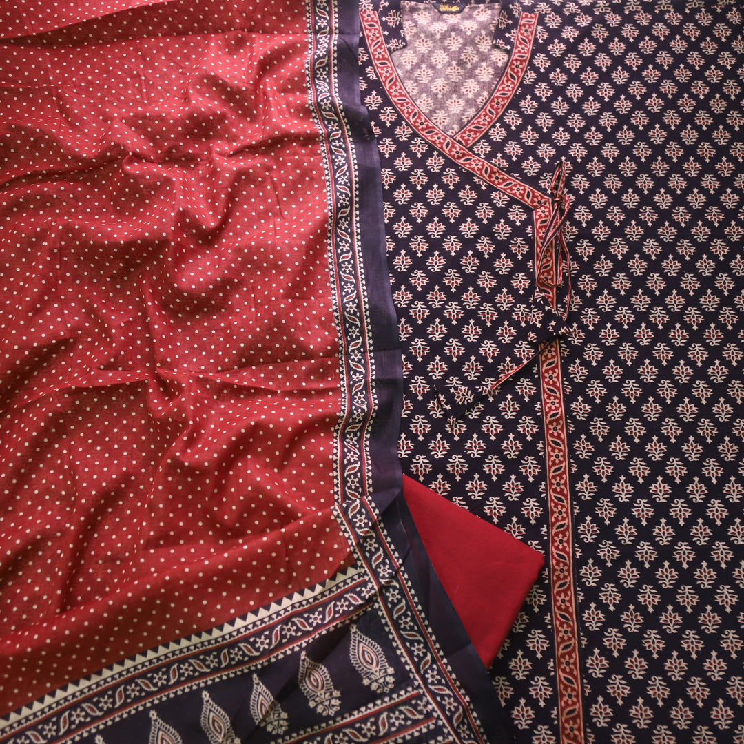 Sulari Sable Black long Angrakha Style Neck Ajrak Printed Cotton Suit Set