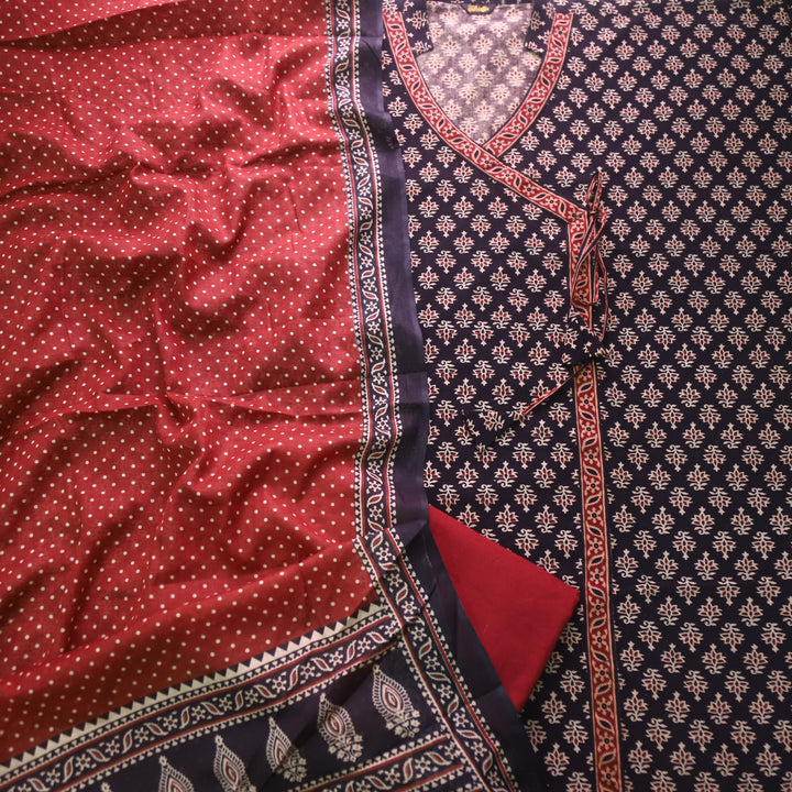 Sulari Sable Black long Angrakha Style Neck Ajrak Printed Cotton Suit Set