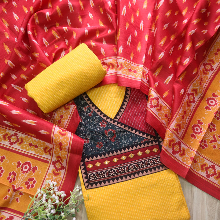 Sulari Sunflower Yellow Ajrak Patch with Running Stitch Angrakha Cotton Suit Set