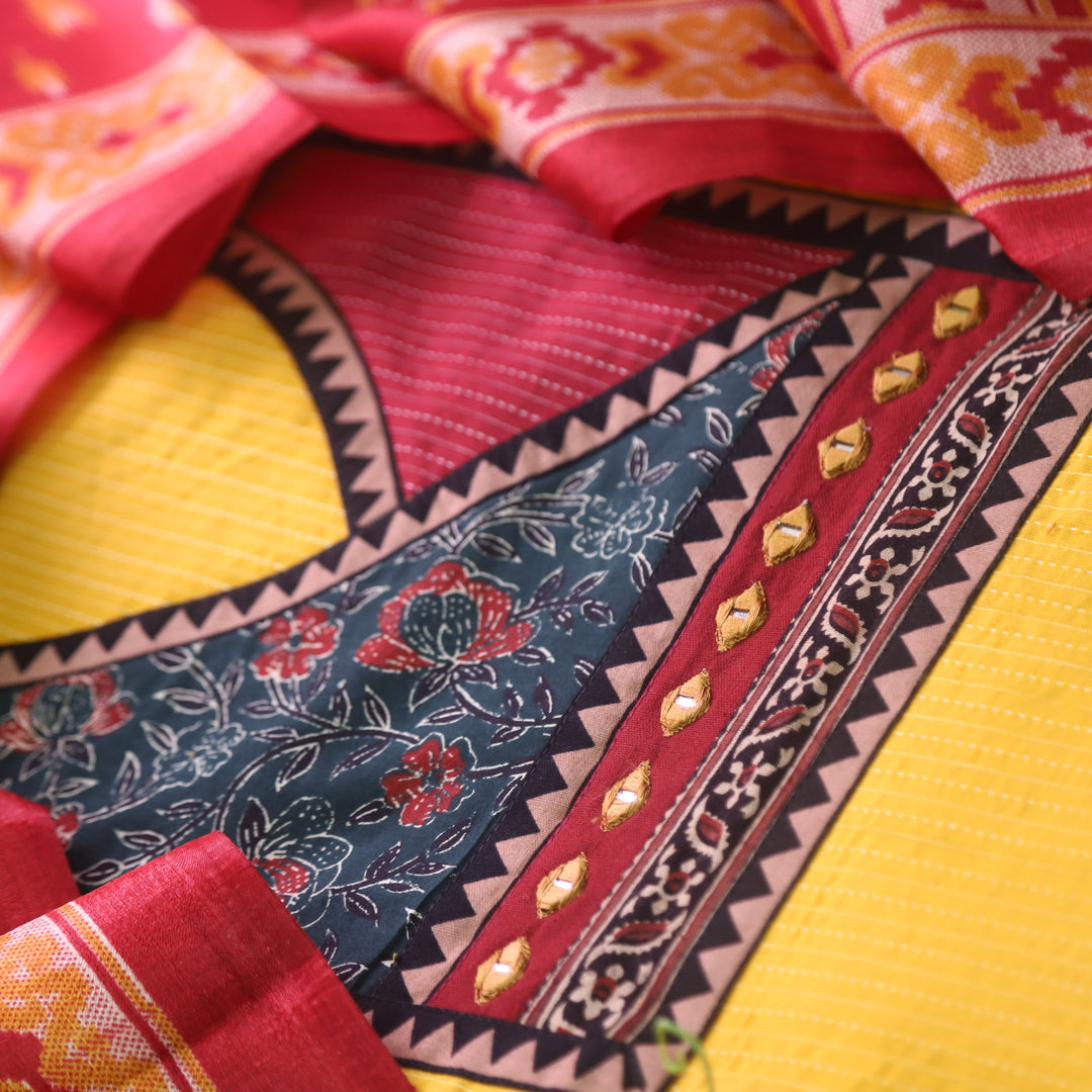 Sulari Sunflower Yellow Ajrak Patch with Running Stitch Angrakha Cotton Suit Set