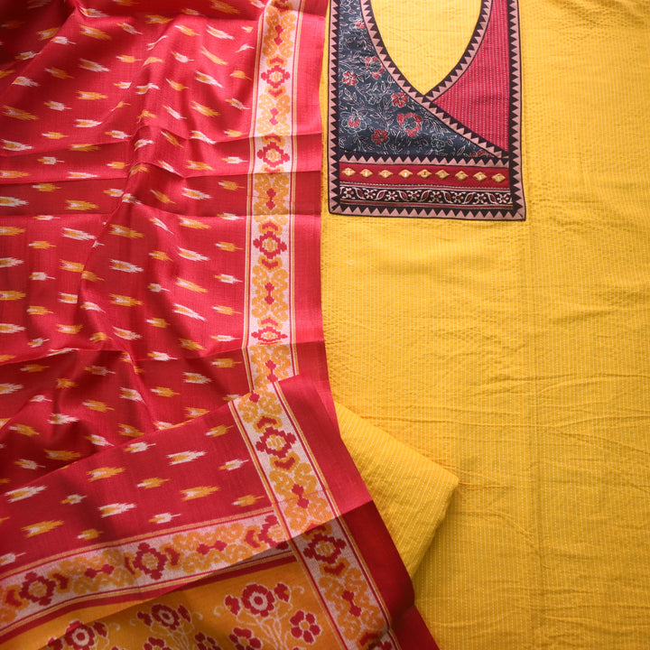 Sulari Sunflower Yellow Ajrak Patch with Running Stitch Angrakha Cotton Suit Set