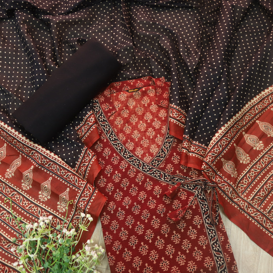 Sulari Maroon Red long Angrakha Style Neck Ajrak Printed Cotton Suit Set