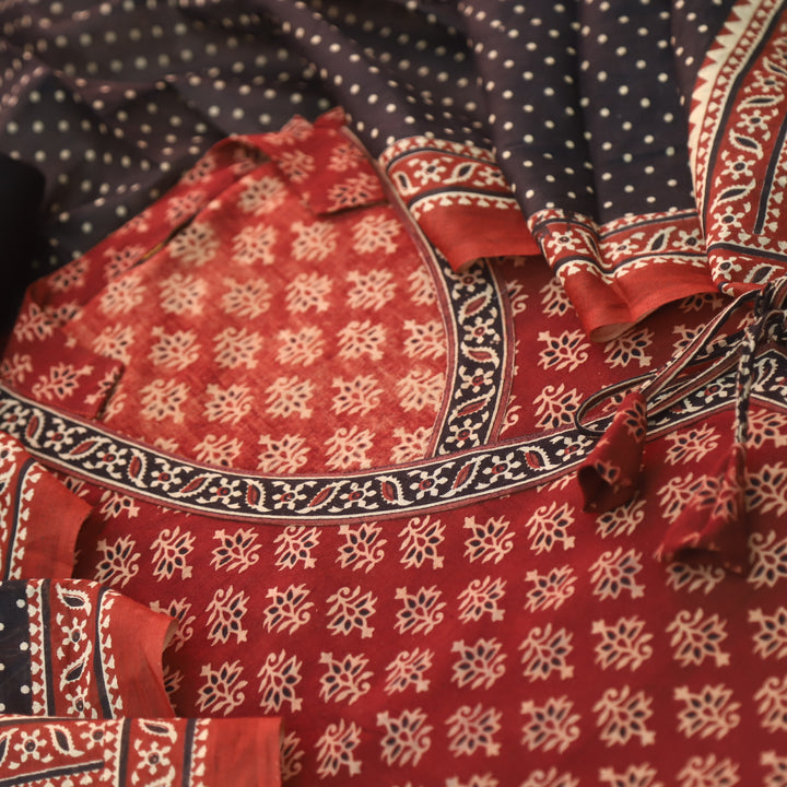 Sulari Maroon Red long Angrakha Style Neck Ajrak Printed Cotton Suit Set