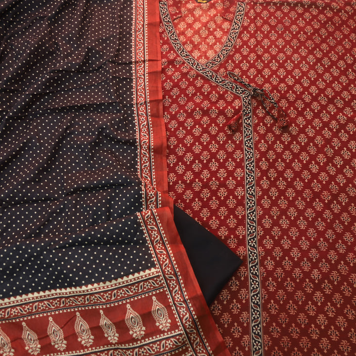 Sulari Maroon Red long Angrakha Style Neck Ajrak Printed Cotton Suit Set