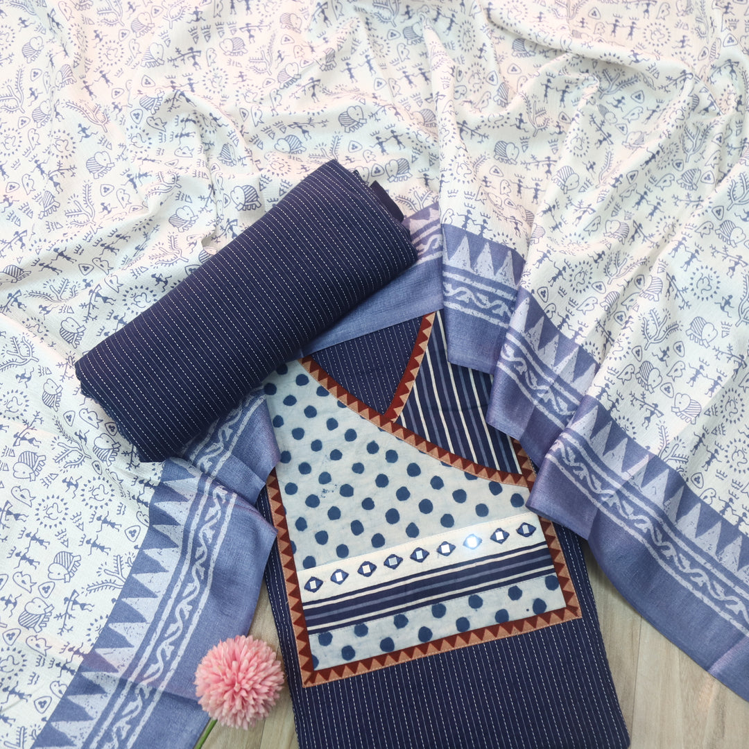 Sulari Cobalt Blue Dabu Patch in Running Stitch Angrakha Cotton Suit Set