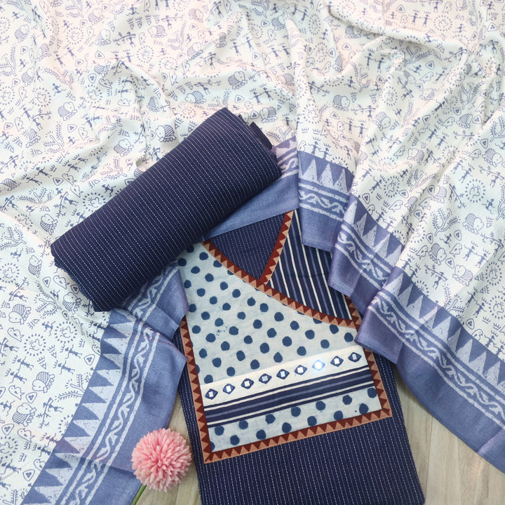 Sulari Cobalt Blue Dabu Patch in Running Stitch Angrakha Cotton Suit Set