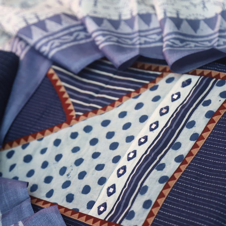 Sulari Cobalt Blue Dabu Patch in Running Stitch Angrakha Cotton Suit Set