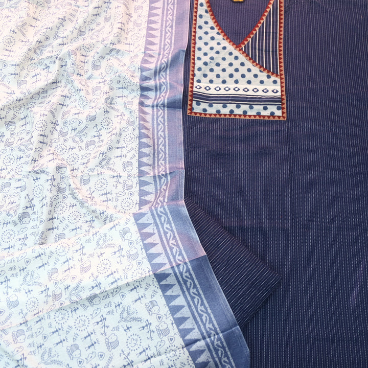 Sulari Cobalt Blue Dabu Patch in Running Stitch Angrakha Cotton Suit Set