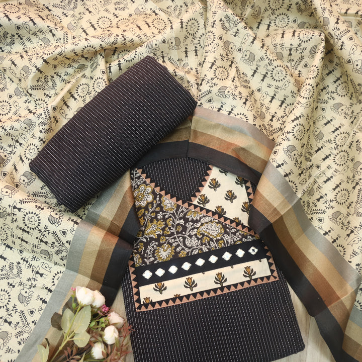 Sulari Raven Black Kalamkari Print Patch in Kantha Angrakha Cotton Suit Set