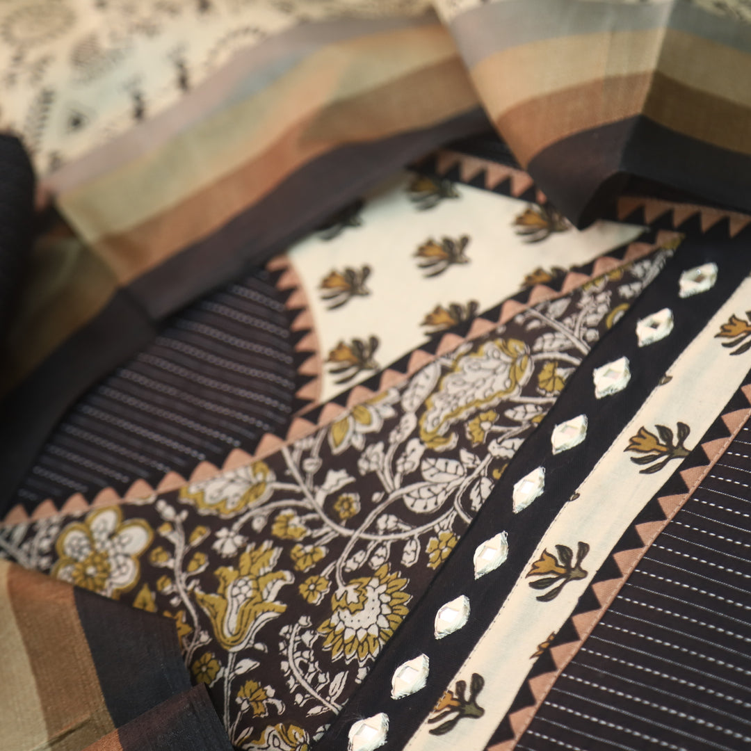 Sulari Raven Black Kalamkari Print Patch in Kantha Angrakha Cotton Suit Set