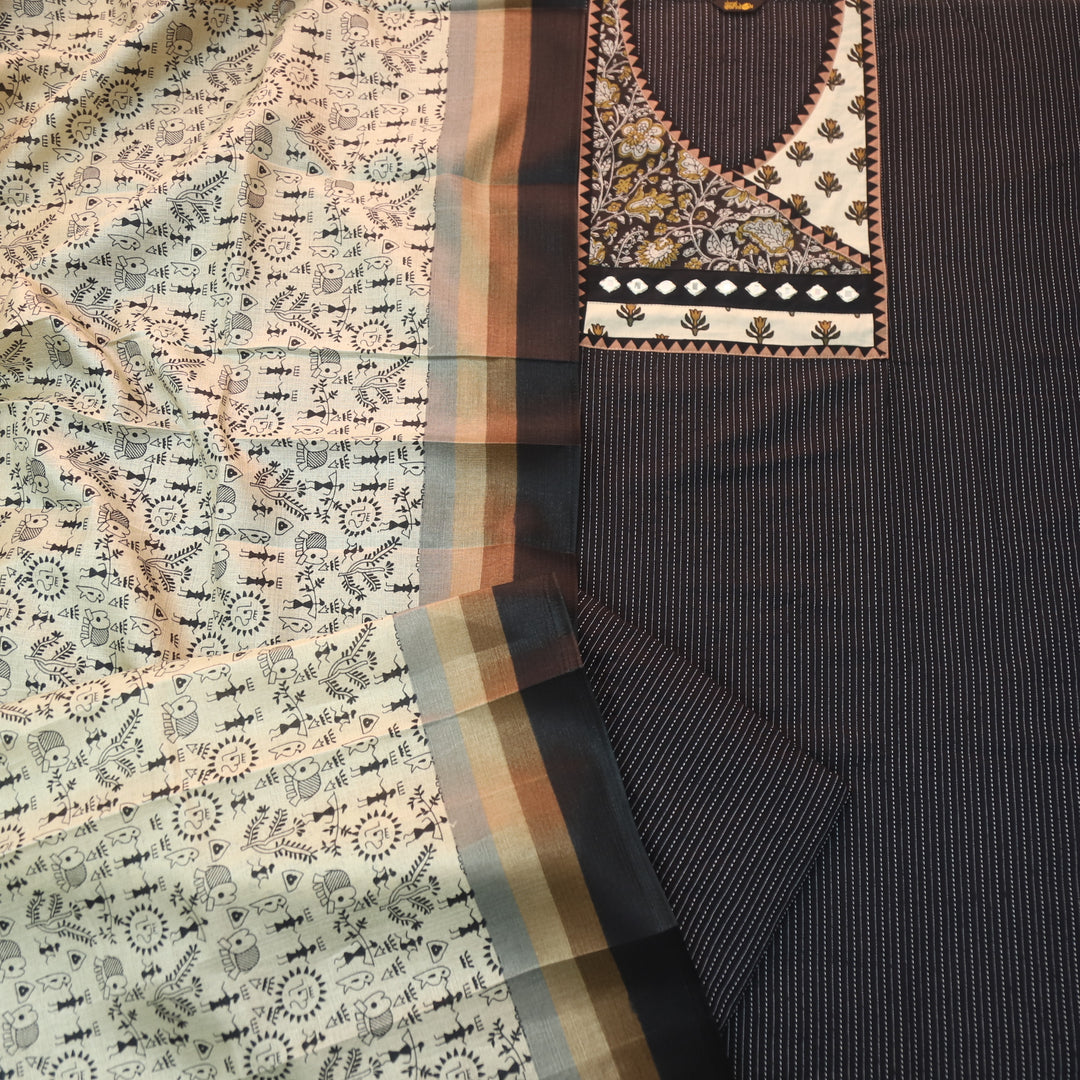 Sulari Raven Black Kalamkari Print Patch in Kantha Angrakha Cotton Suit Set