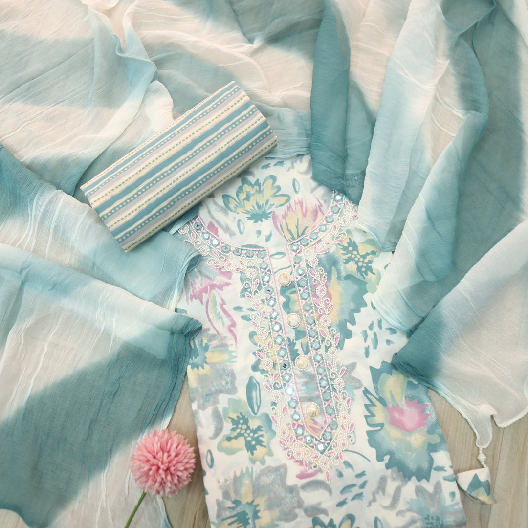 Akhiyaan Sage Blue Designer Neck Moti Work Printed Cotton Suit Set