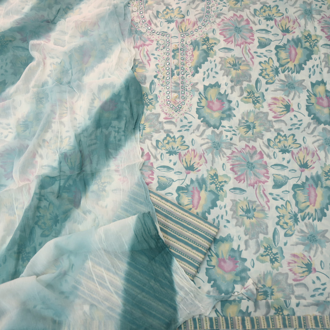 Akhiyaan Sage Blue Designer Neck Moti Work Printed Cotton Suit Set