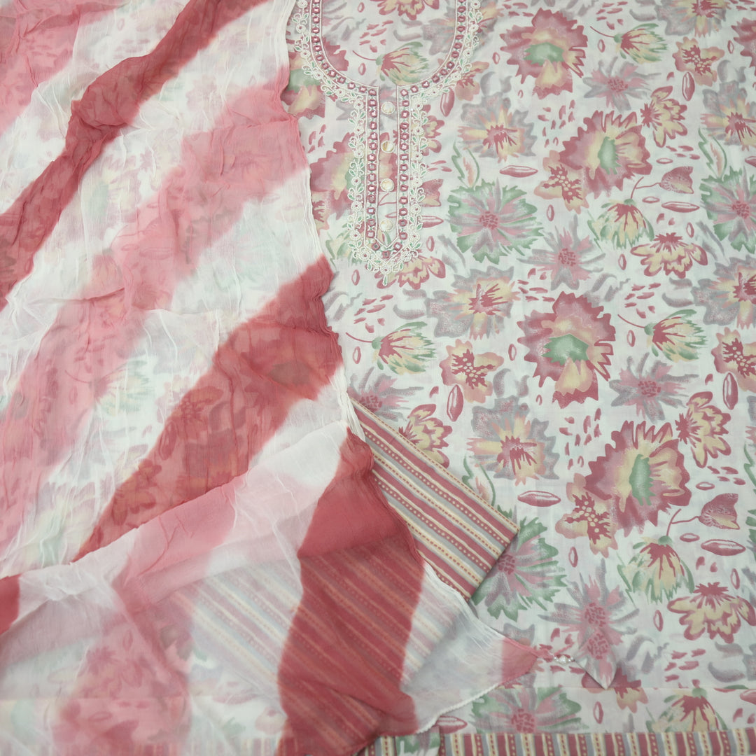 Akhiyaan Mauve Pink Designer Neck Moti Work Printed Cotton Suit Set