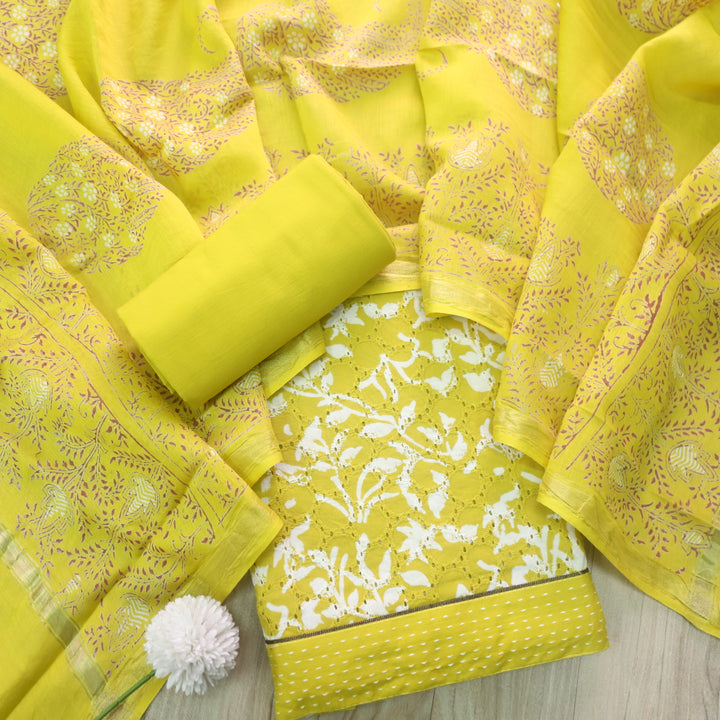 Sobiya Dijon Green Yellow Printed Schiffli Work Cotton Suit Set