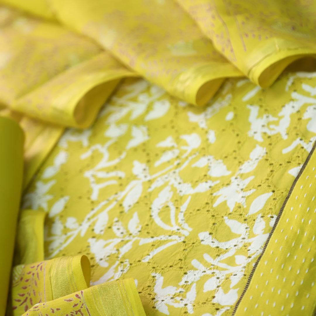 Sobiya Dijon Green Yellow Printed Schiffli Work Cotton Suit Set