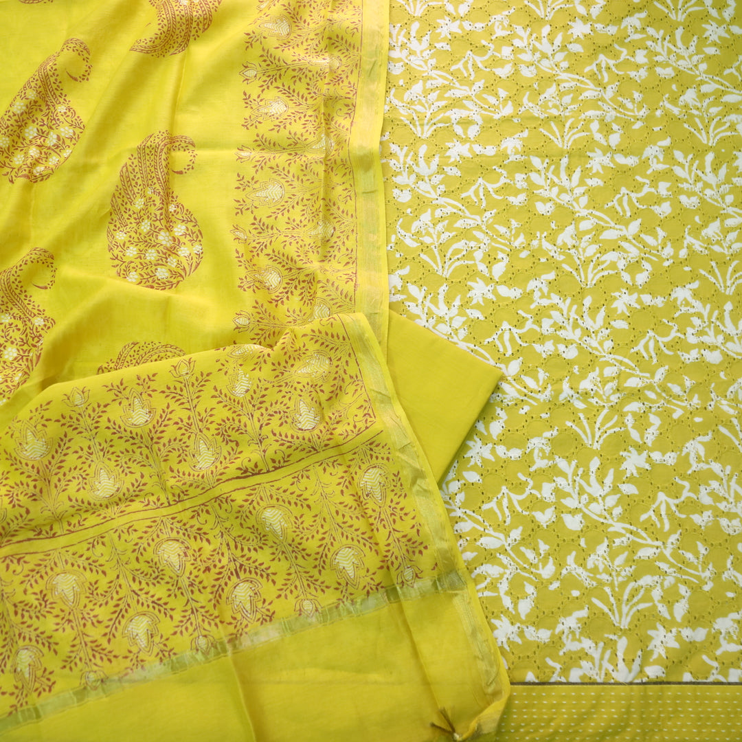 Sobiya Dijon Green Yellow Printed Schiffli Work Cotton Suit Set