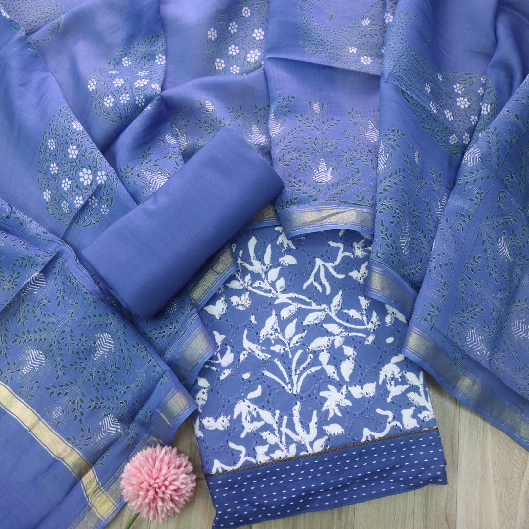 Sobiya Royal Blue Printed Schiffli Work Cotton Suit Set