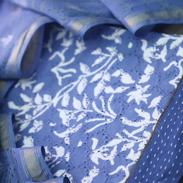 Sobiya Royal Blue Printed Schiffli Work Cotton Suit Set