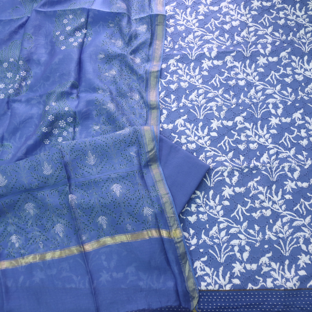 Sobiya Royal Blue Printed Schiffli Work Cotton Suit Set
