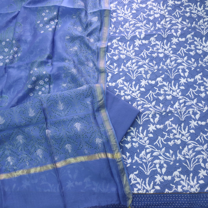 Sobiya Royal Blue Printed Schiffli Work Cotton Suit Set