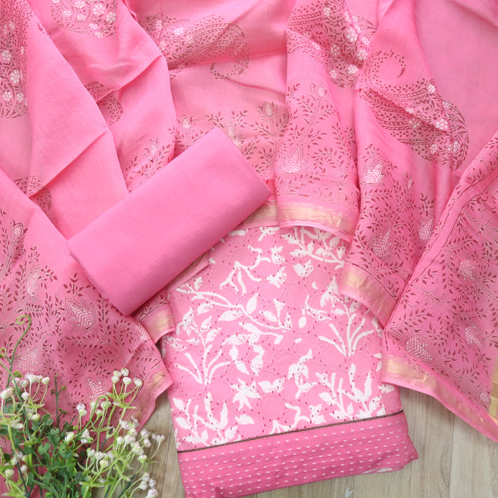 Sobiya Flamingo Pink Printed Schiffli Work Cotton Suit Set
