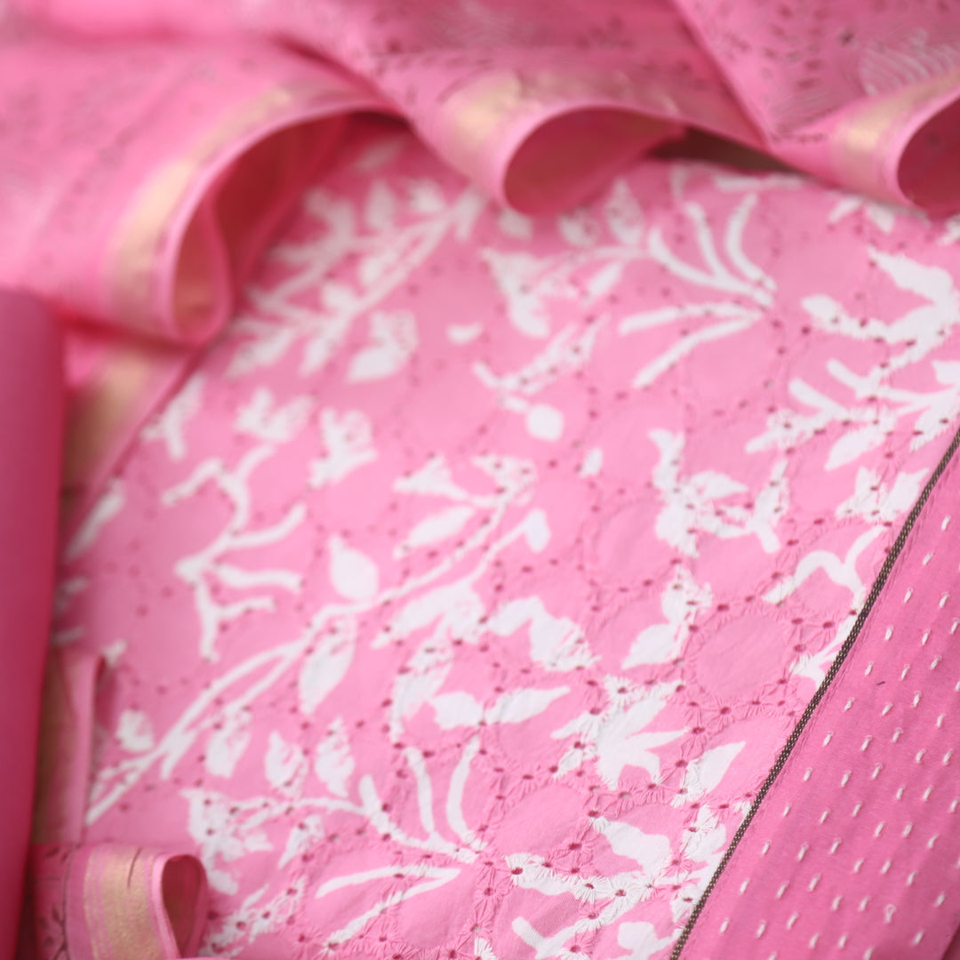 Sobiya Flamingo Pink Printed Schiffli Work Cotton Suit Set
