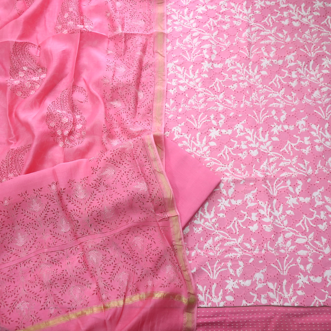 Sobiya Flamingo Pink Printed Schiffli Work Cotton Suit Set
