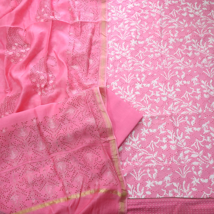 Sobiya Flamingo Pink Printed Schiffli Work Cotton Suit Set