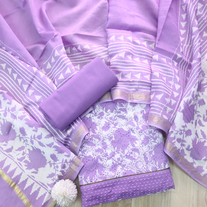 Sobiya Orchid Purple Printed Schiffli Work Cotton Suit Set