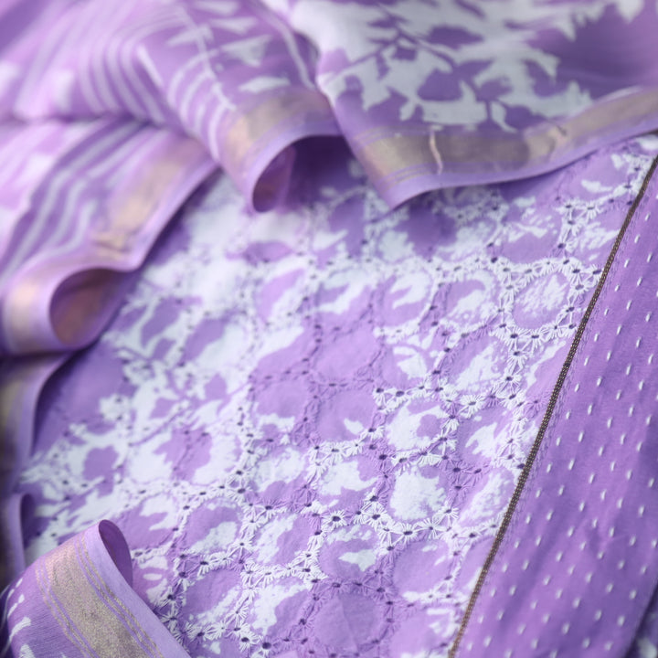 Sobiya Orchid Purple Printed Schiffli Work Cotton Suit Set