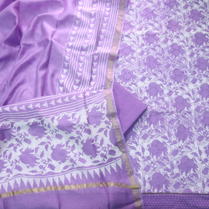 Sobiya Orchid Purple Printed Schiffli Work Cotton Suit Set