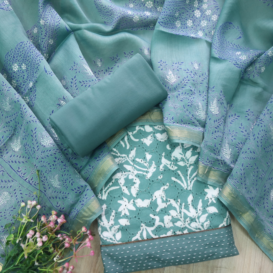 Sobiya Sage Grey Printed Schiffli Work Cotton Suit Set