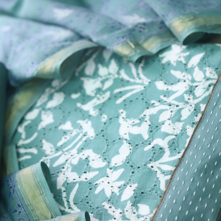 Sobiya Sage Grey Printed Schiffli Work Cotton Suit Set