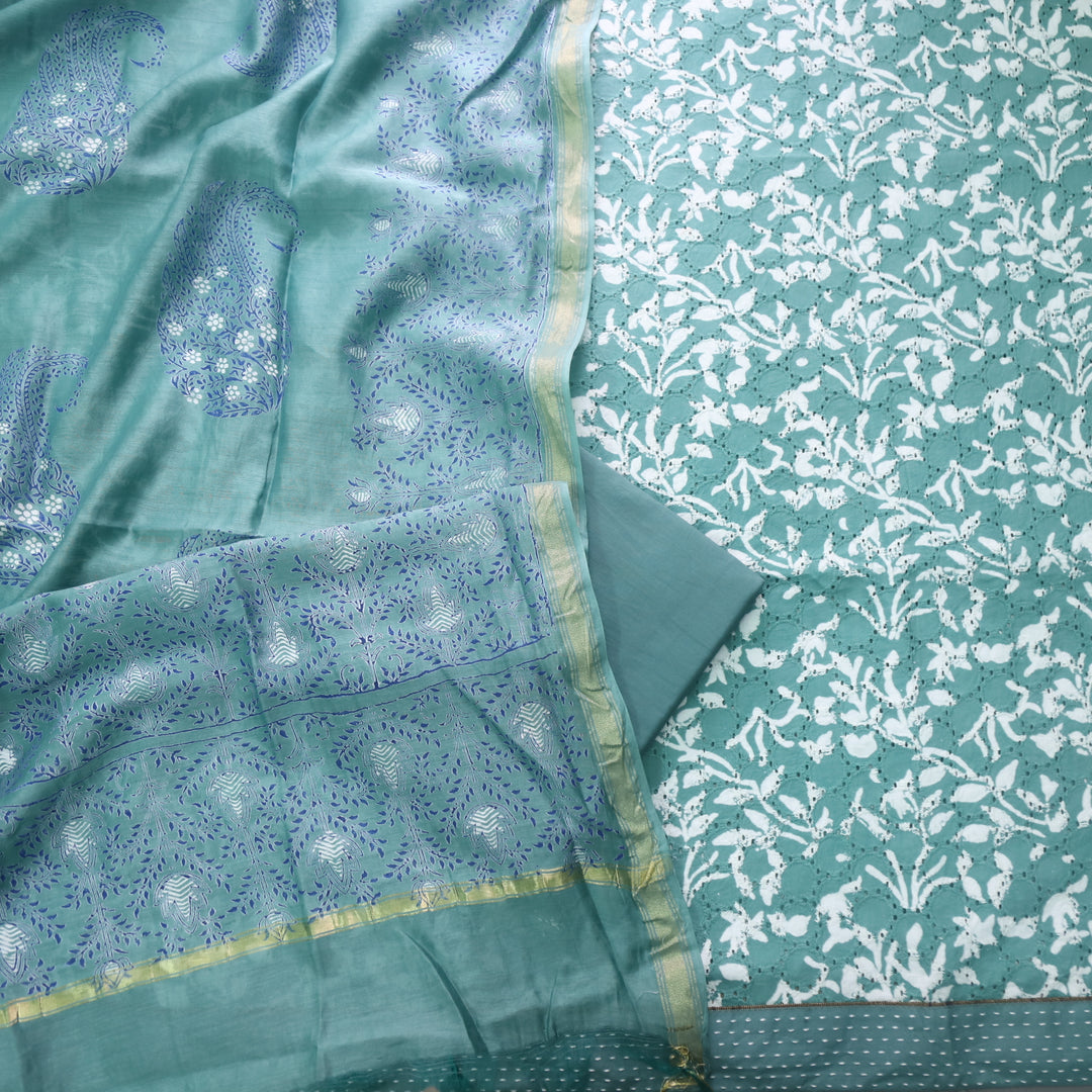 Sobiya Sage Grey Printed Schiffli Work Cotton Suit Set