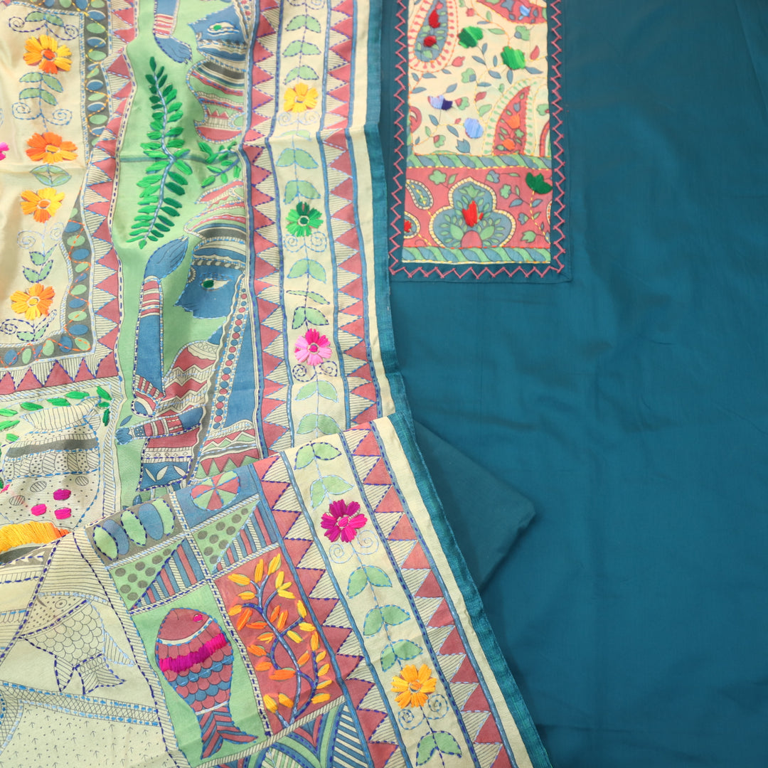 Kanya Teal Blue Kantha Phulkari Fusion Work Glazed Cotton Suit Set