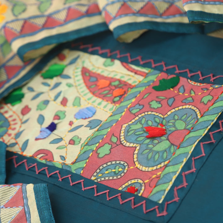 Kanya Teal Blue Kantha Phulkari Fusion Work Glazed Cotton Suit Set