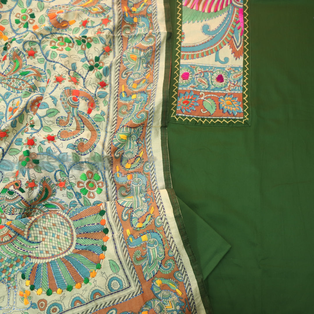 Kanya Grass Green Kantha Phulkari Fusion Work Glazed Cotton Suit Set